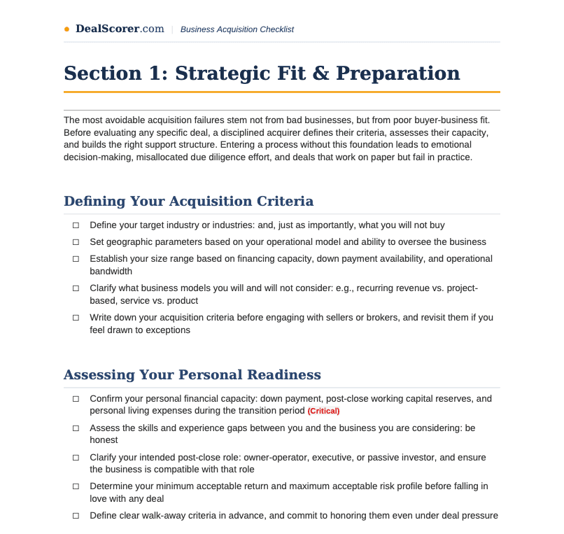 Preview of the Deal Scorer Master Acquisition Checklist showing Section 1: Strategic Fit & Preparation